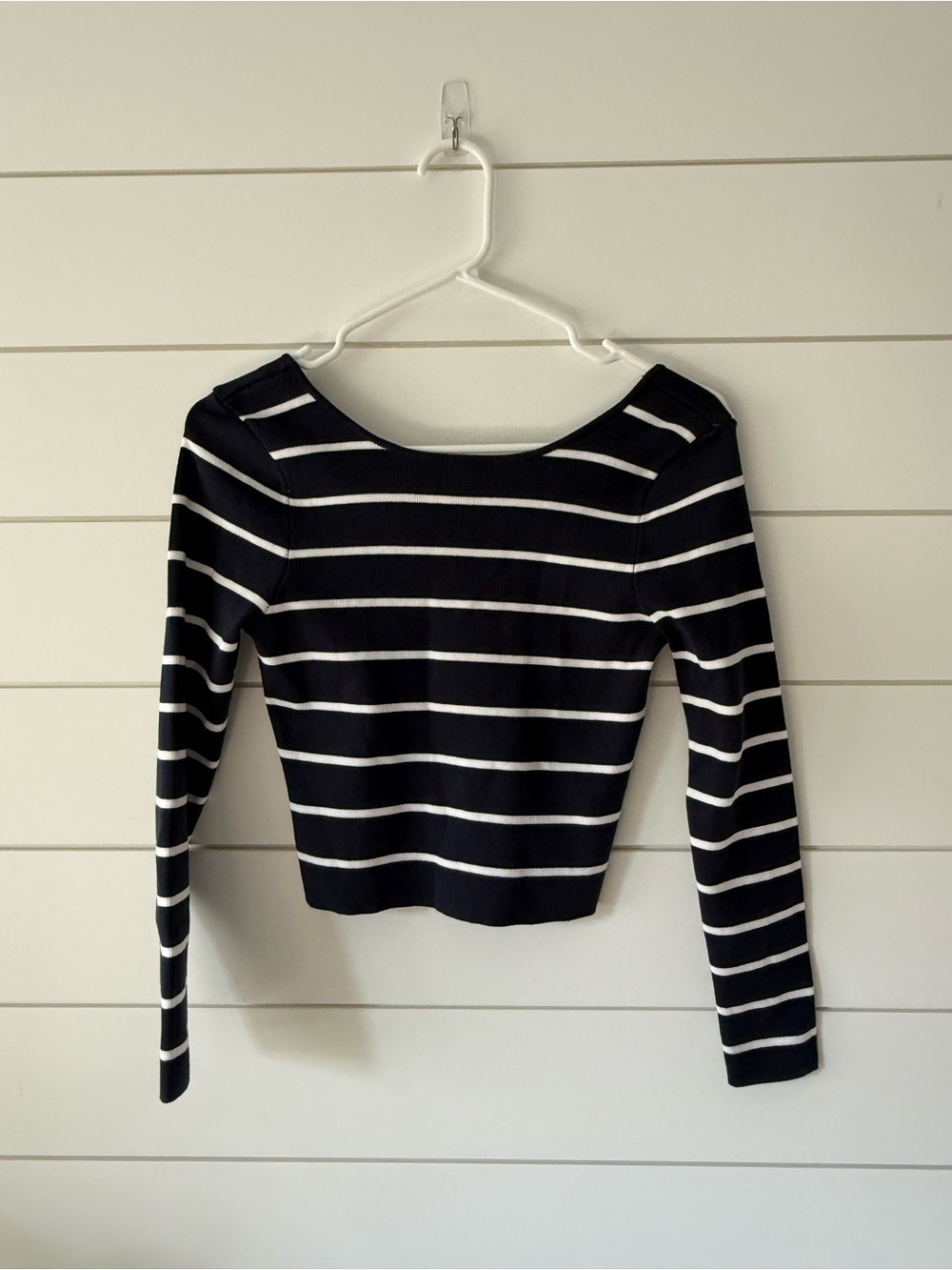 Zara Navy and White Striped Long-Sleeve Boat Neck Low Back Nautical Coastal M